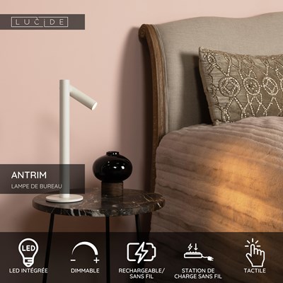 Lucide ANTRIM - Lampe de bureau Rechargeable Intérieur/Extérieur - Batterie/Piles - LED Dim. - 1x2,2W 2700K - IP54 - Avec station de charge sans fil - Blanc